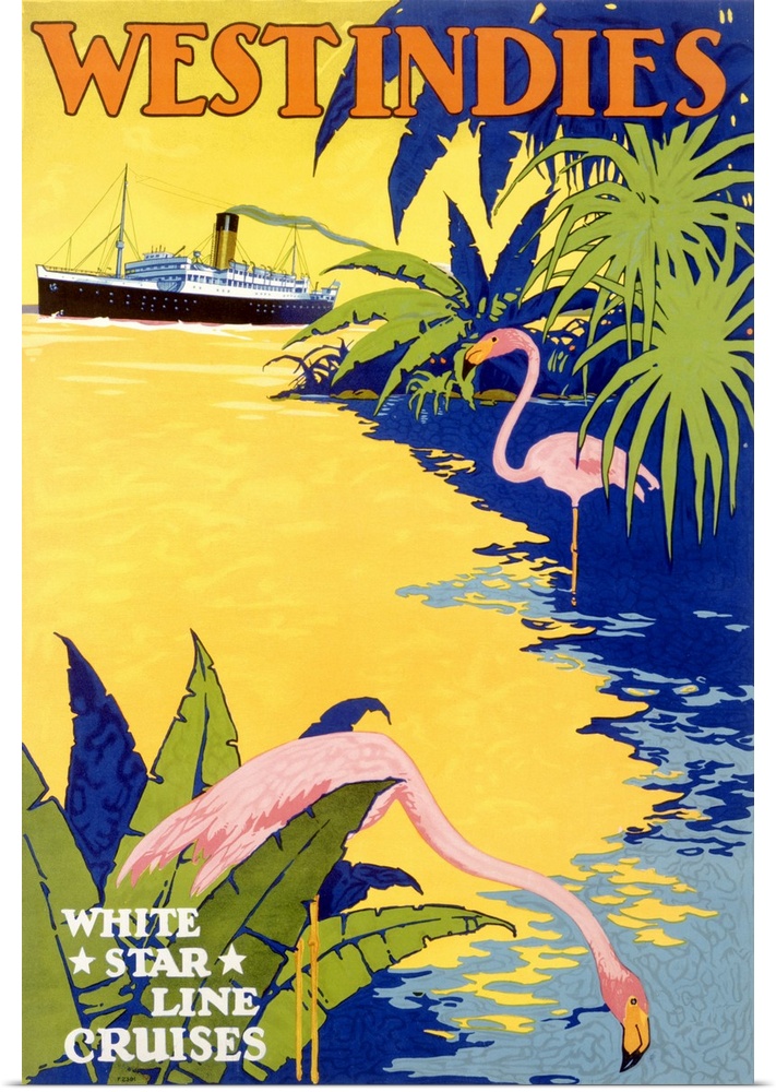 Old advertising poster for a cruise ship.  There is an image of two flamingos at the water's edge with a huge cruise liner...