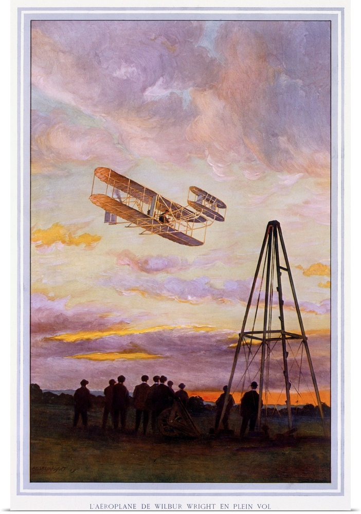 Big, vertical, vintage wall hanging of Wilbur Wright Aviation.  A group of people look upward at a biplane in the sky, as ...