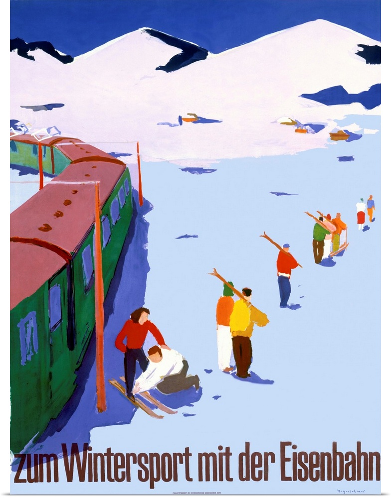 Big antique poster of skiers getting off of a train and walking with their skis to go skiing.