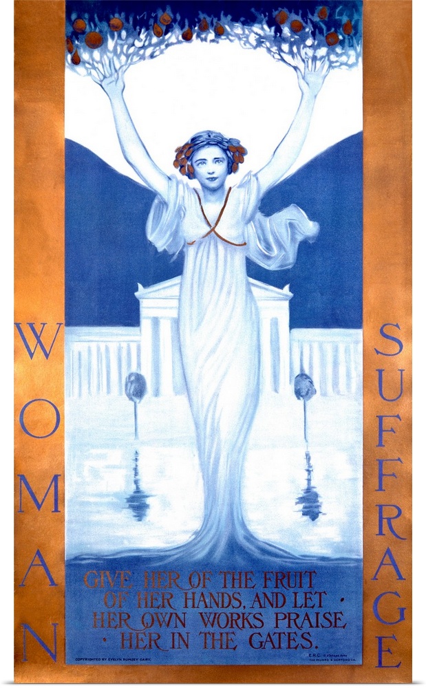 Oversized, vertical vintage poster for woman suffrage, of a woman in a flowing gown that twists into the ground looking li...