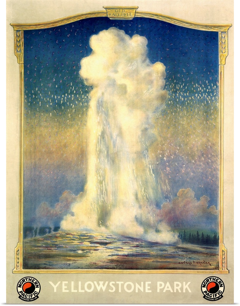 Classic advertisement depicting a geyser erupting at American landmark Yellowstone Park.