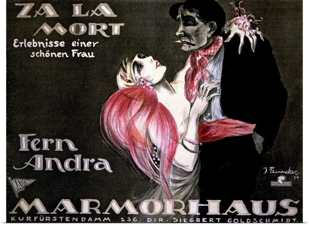 Vintage advertisement for the Marmorhaus theatre in Berlin, featuring a woman in an evening dress and a feathered hairpiec...