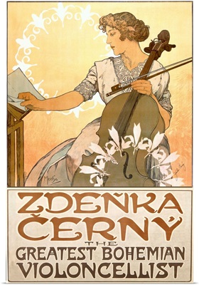 Zdenka Cerny, The Greatest Bohemian Violoncellist, Vintage Poster, by Alphonse Mucha