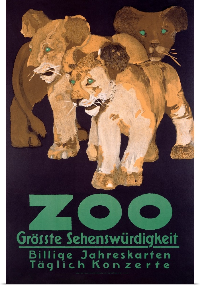 A large vintage poster of three lion cubs with bold green eyes and bold green text below them.