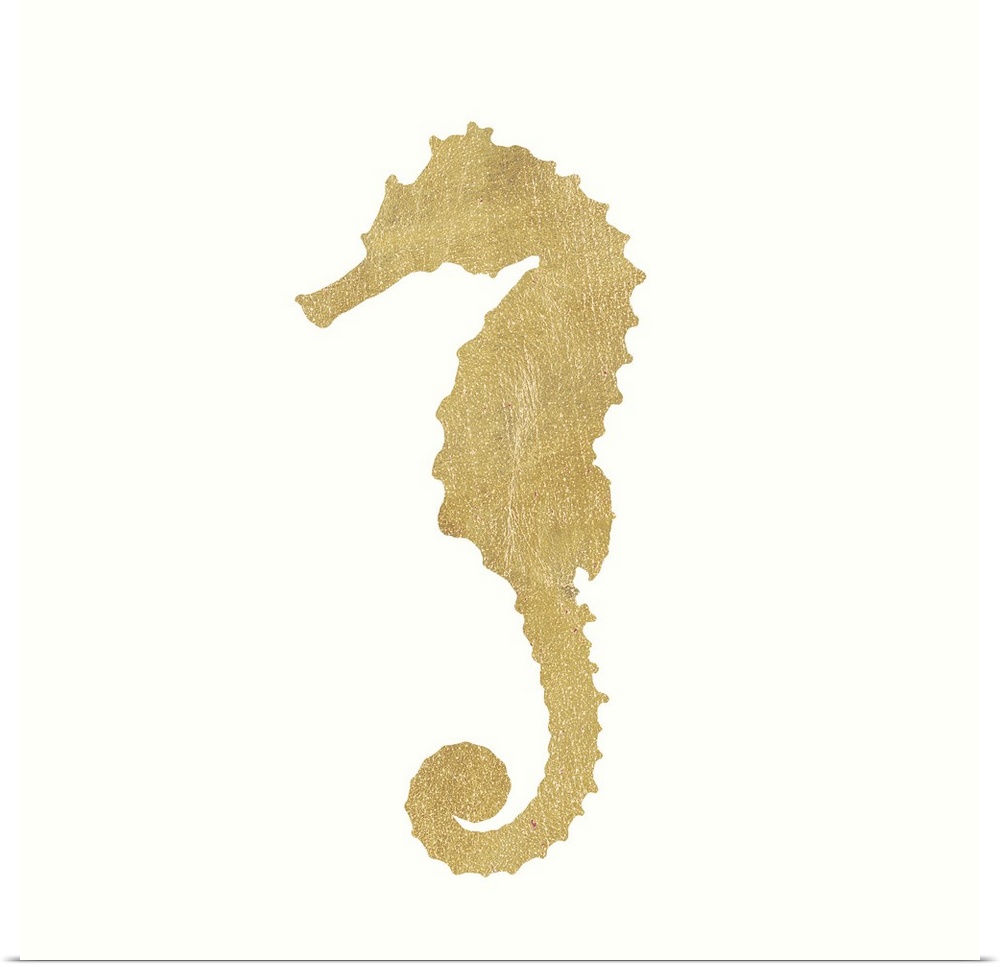 Minimalist artwork of a golden seahorse outline on off-white.