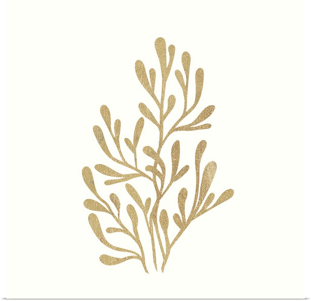 Minimalist artwork of a golden seaweed outline on off-white.