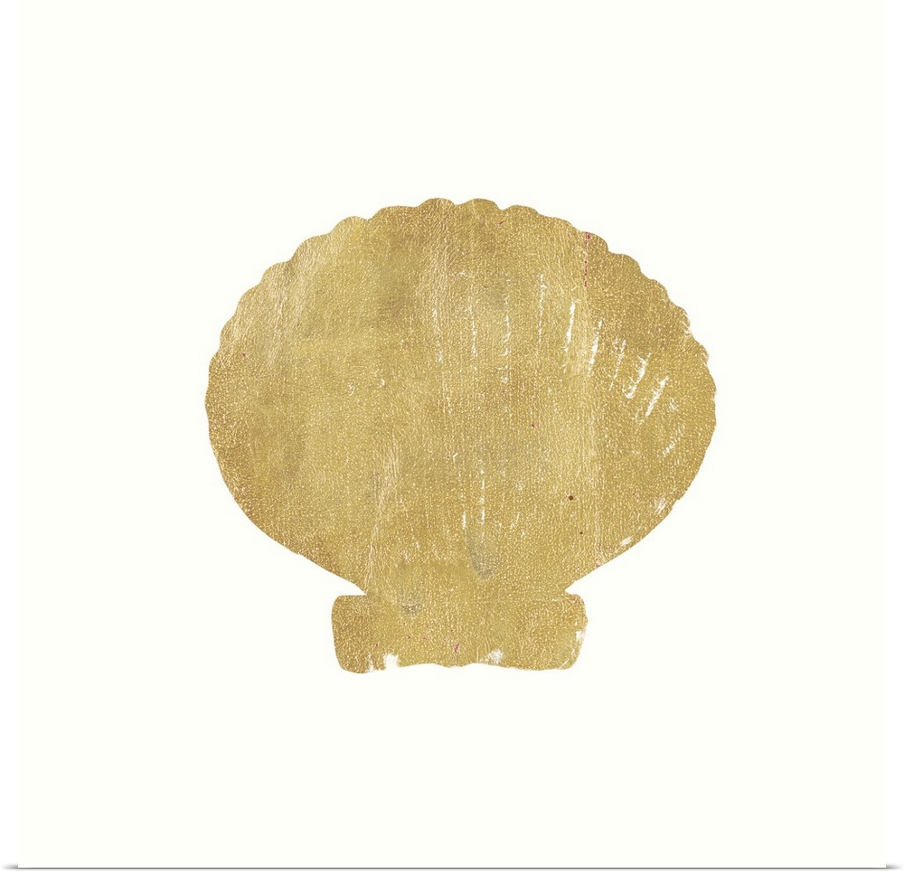 Minimalist artwork of a golden scallop shell outline on off-white.
