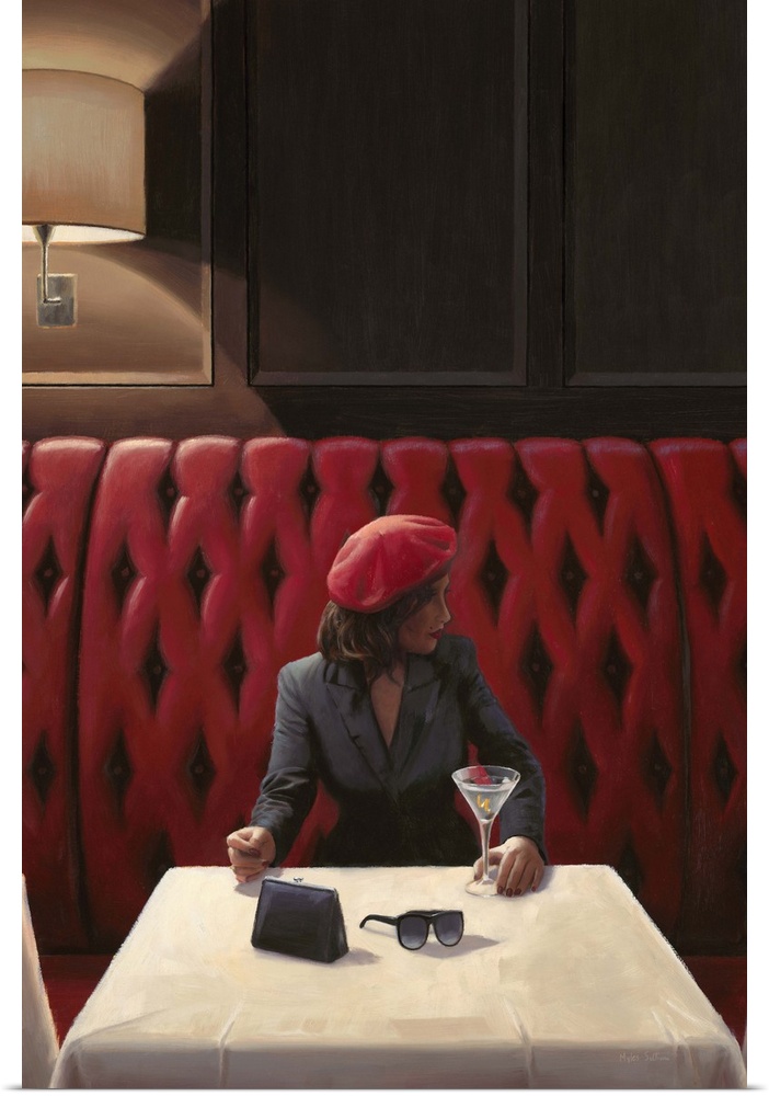 Contemporary painting of a woman at a restaurant looking sideways.