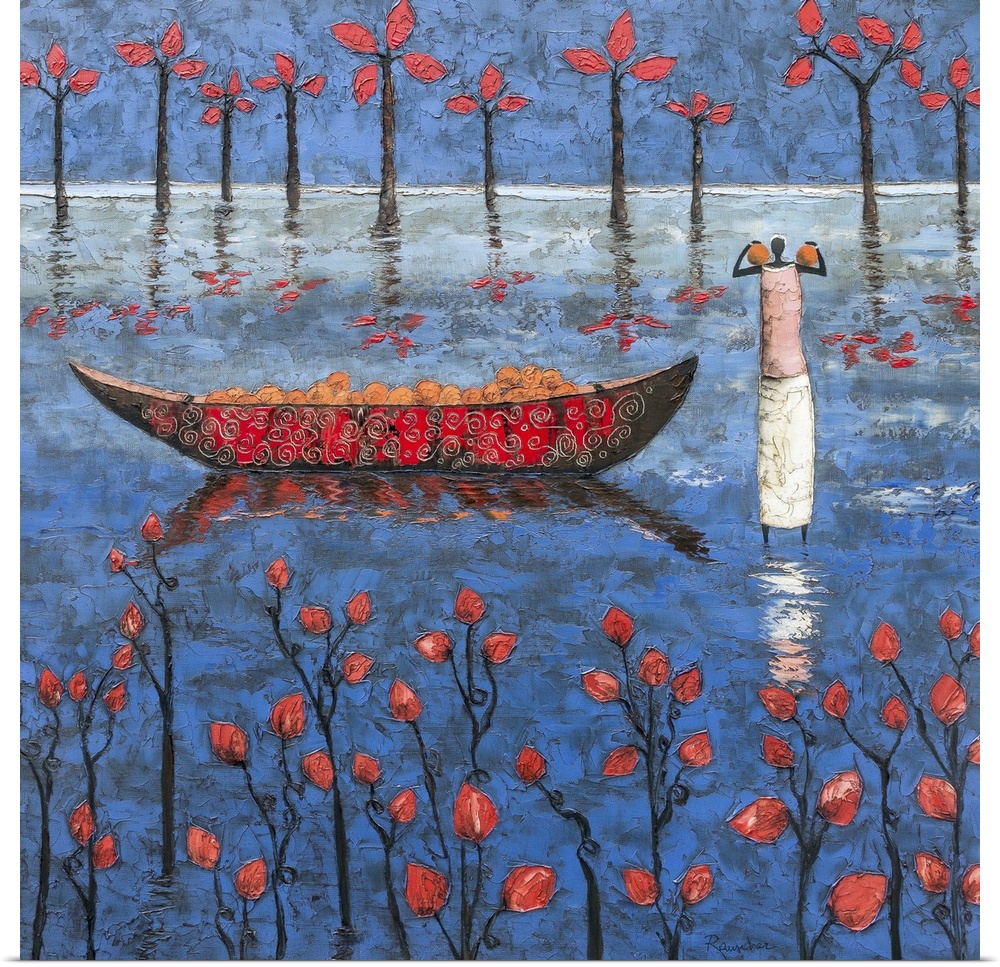 Contemporary painting of a figure carrying fruit to a boat on the river.