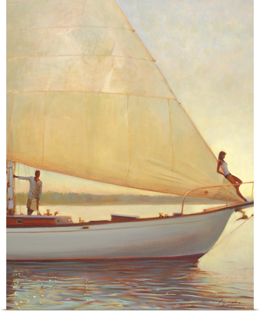 Contemporary painting of man and woman on a boat sailing on a glimmering sea.