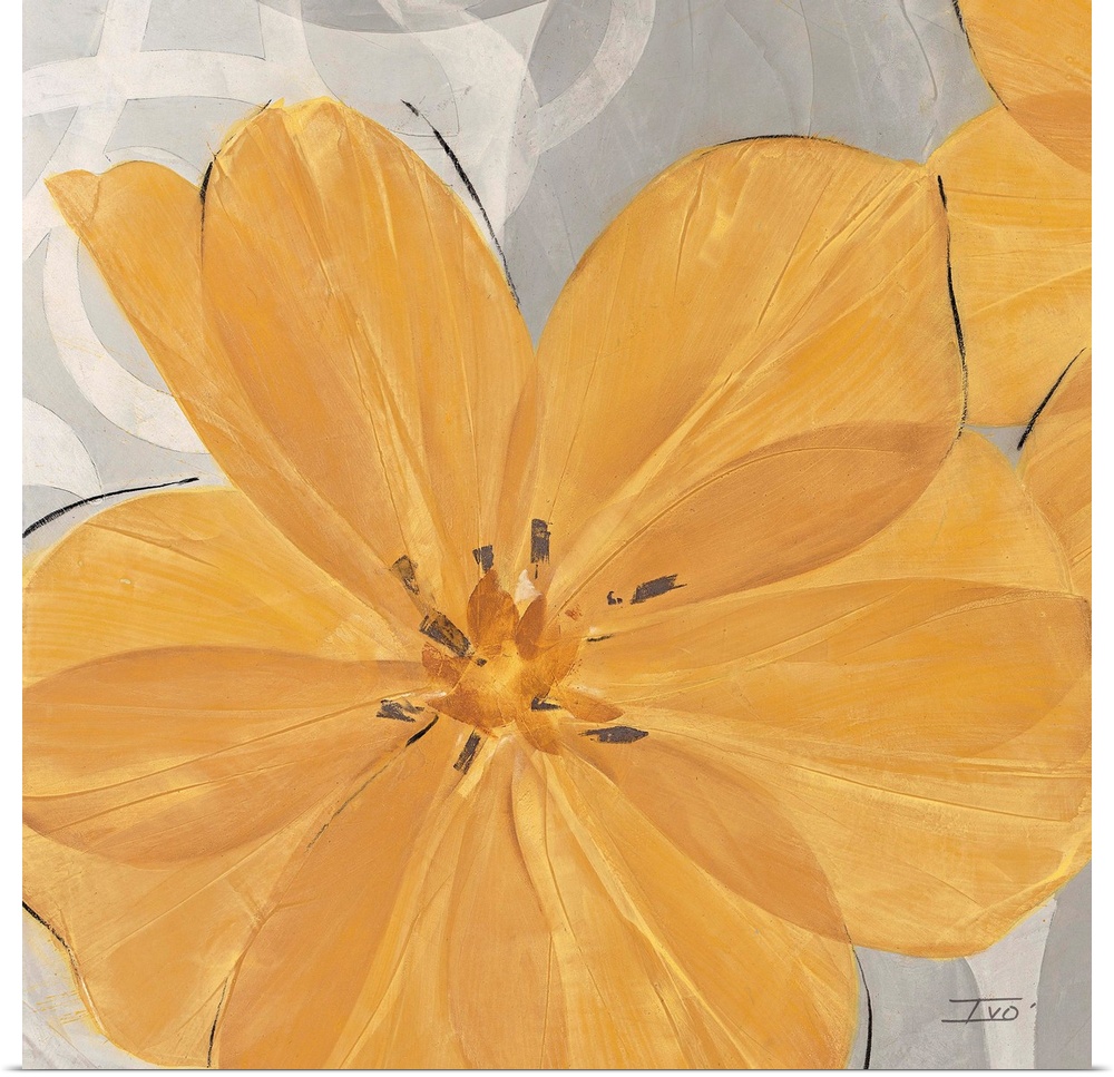 Decorative artwork of a cheerful orange flower on a grey background.