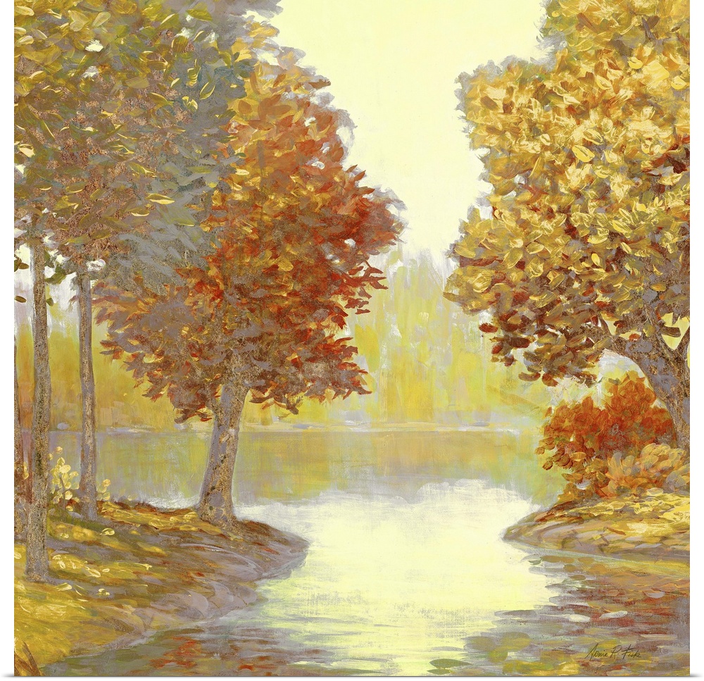 Contemporary painting of trees along the riverside in the fall.