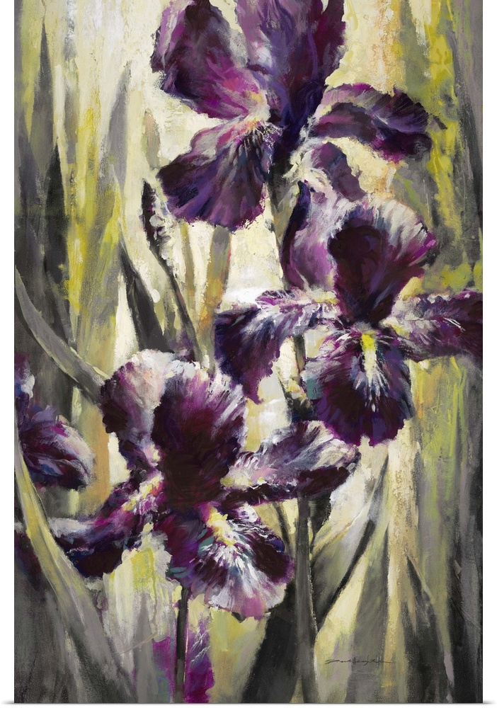 Contemporary painting of vibrant purple iris flowers.