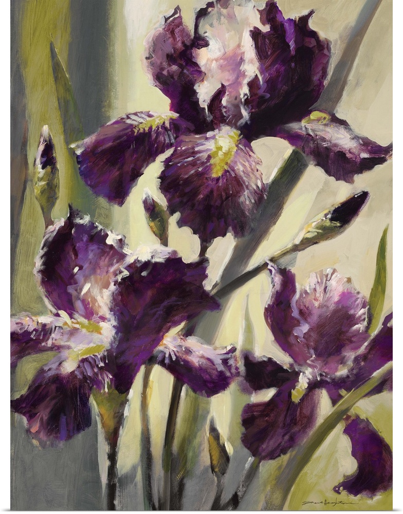 Contemporary painting of three purple iris flowers.