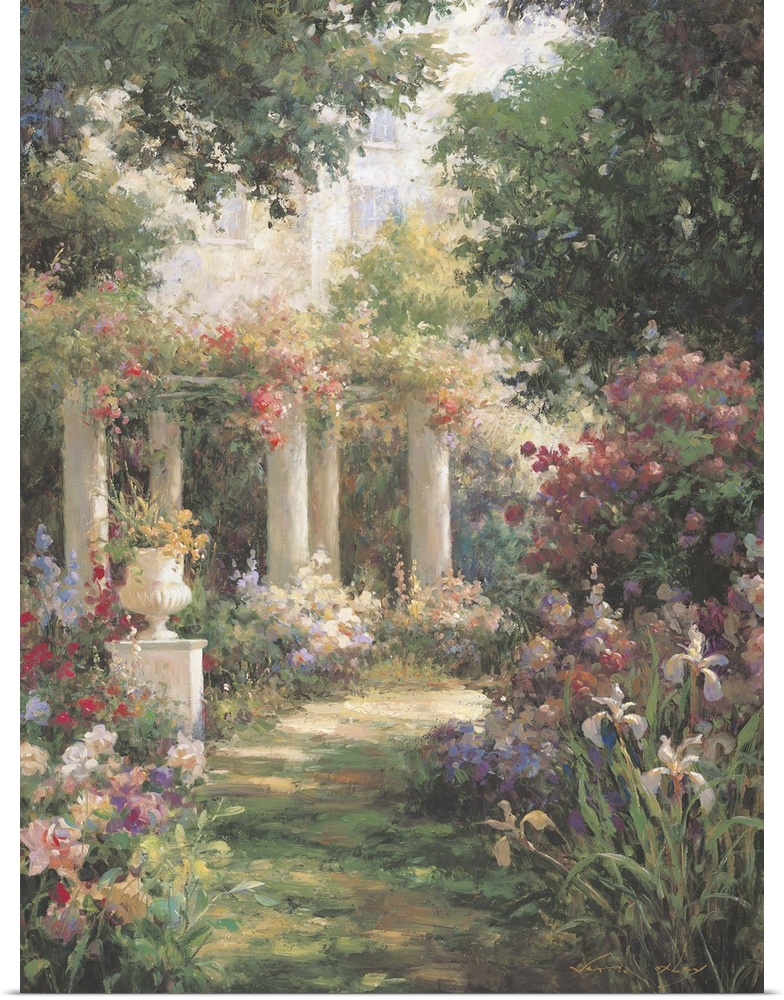 Contemporary painting of a serene garden with columns.