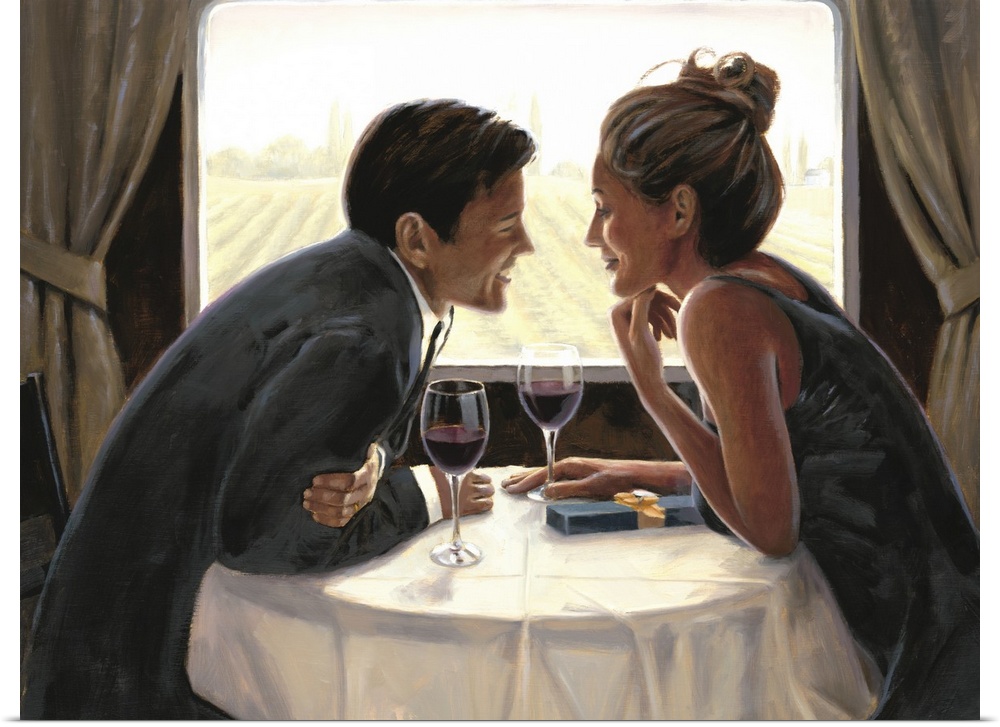 Contemporary painting of a man and woman on a date in a restaurant celebrating their anniversary.