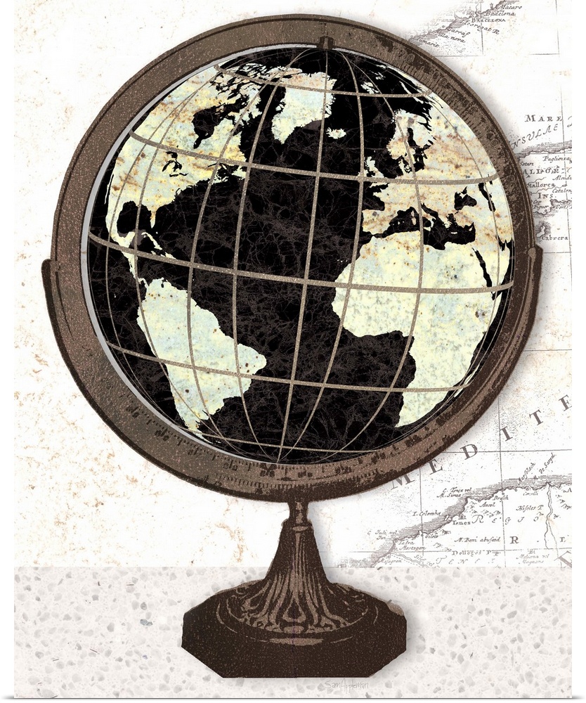 Artwork of an antique old world globe, against a map print background.