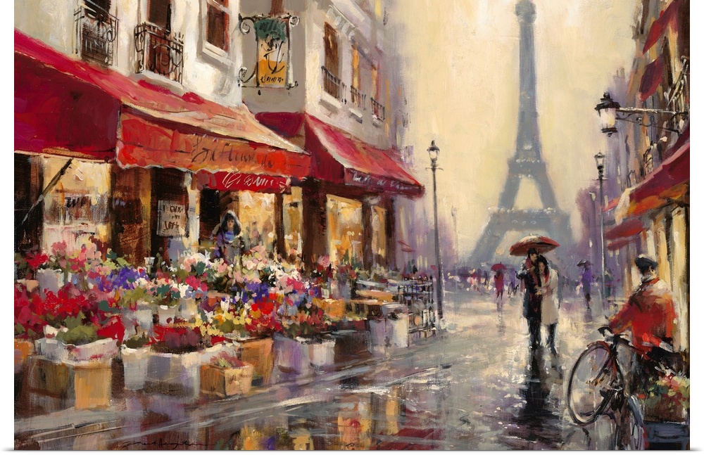 Contemporary painting of a view of the city streets of Paris, with the Eiffel Tower in the background.