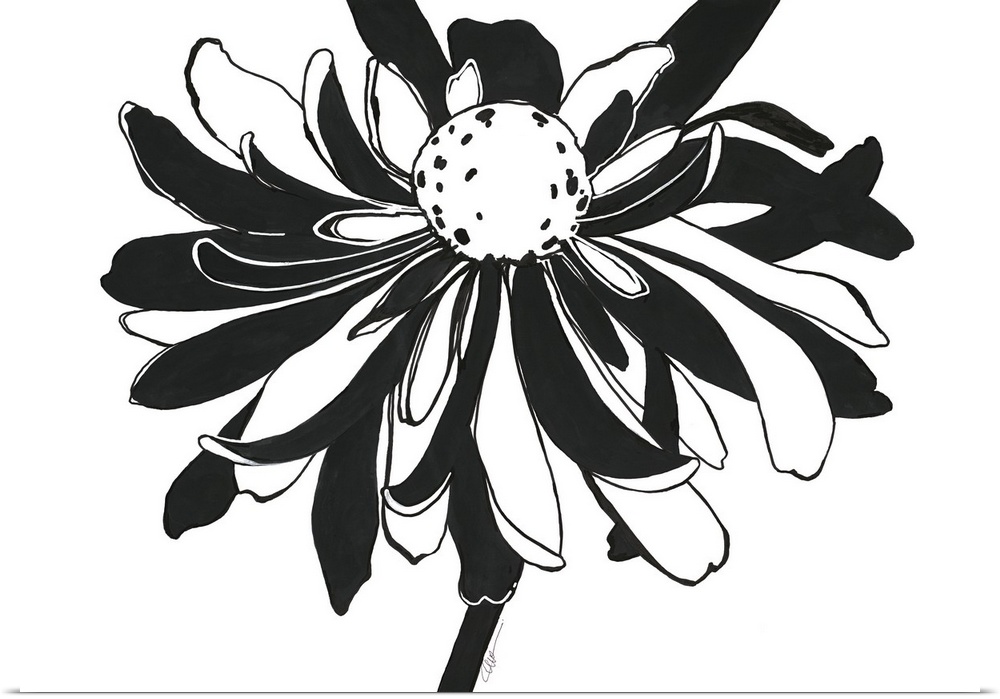 Simple black and white illustration of a blooming flower.