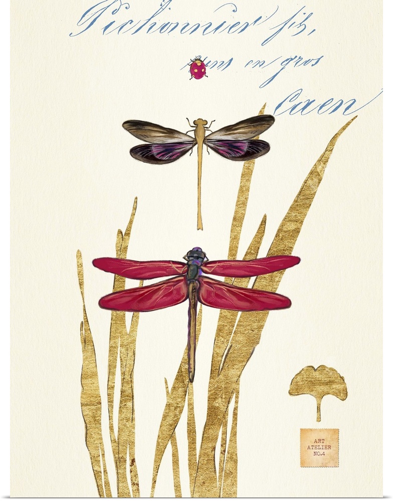Home decor artwork of a pair of dragonfly's against a neutral background with script and golden blades of grass.