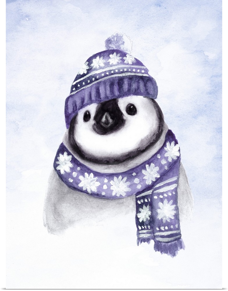 Adorable illustration of a Emperor Penguin chick wearing a purple winter hat and scarf.