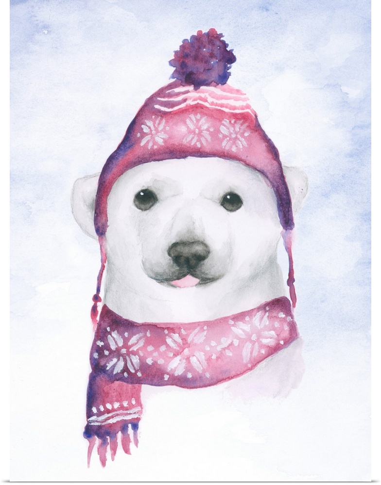 Adorable illustration of a little polar bear wearing a pink winter hat and scarf.