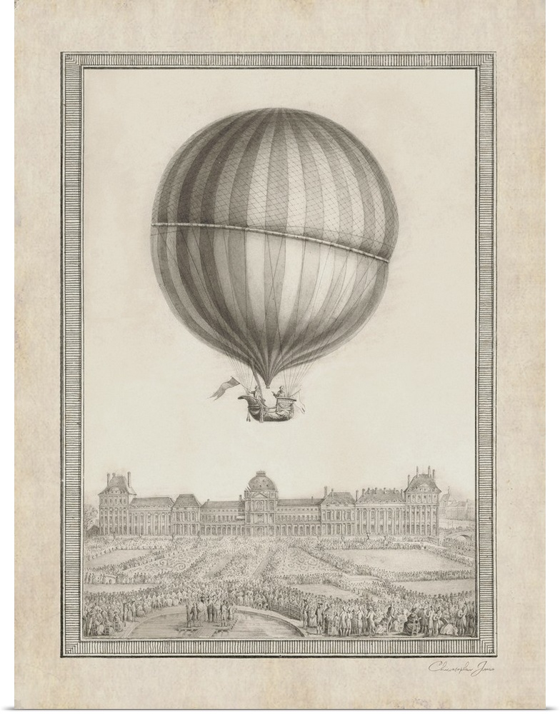 Vintage illustration of a hot air balloon floating above Paris in black, white, and sepia tones.