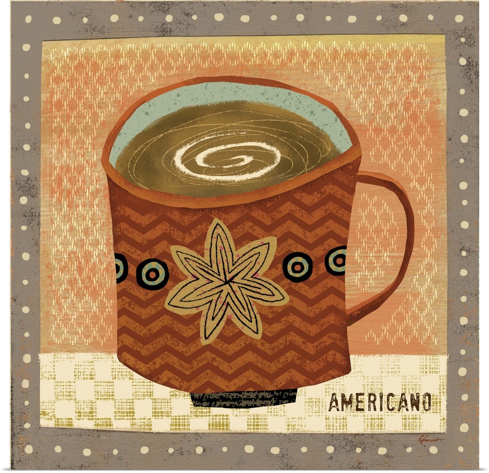 Contemporary artwork with a retro feel of a cup of coffee against an earthy toned background.