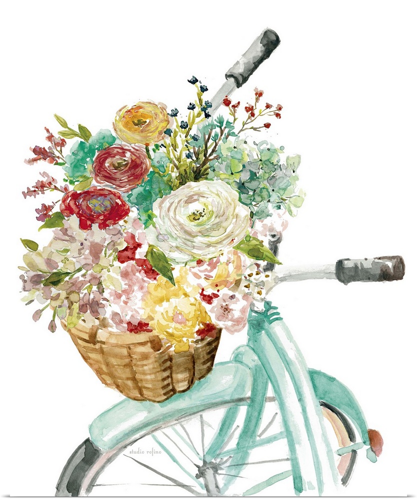 Illustration of a bicycle with a basket full of flowers.