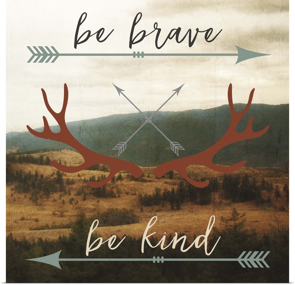 Motivational sentiment with an arrow and antler motif over a landscape image.