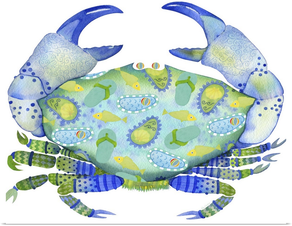 Watercolor painting of a blue and green colored crab with Summer themed illustrations on its shell.