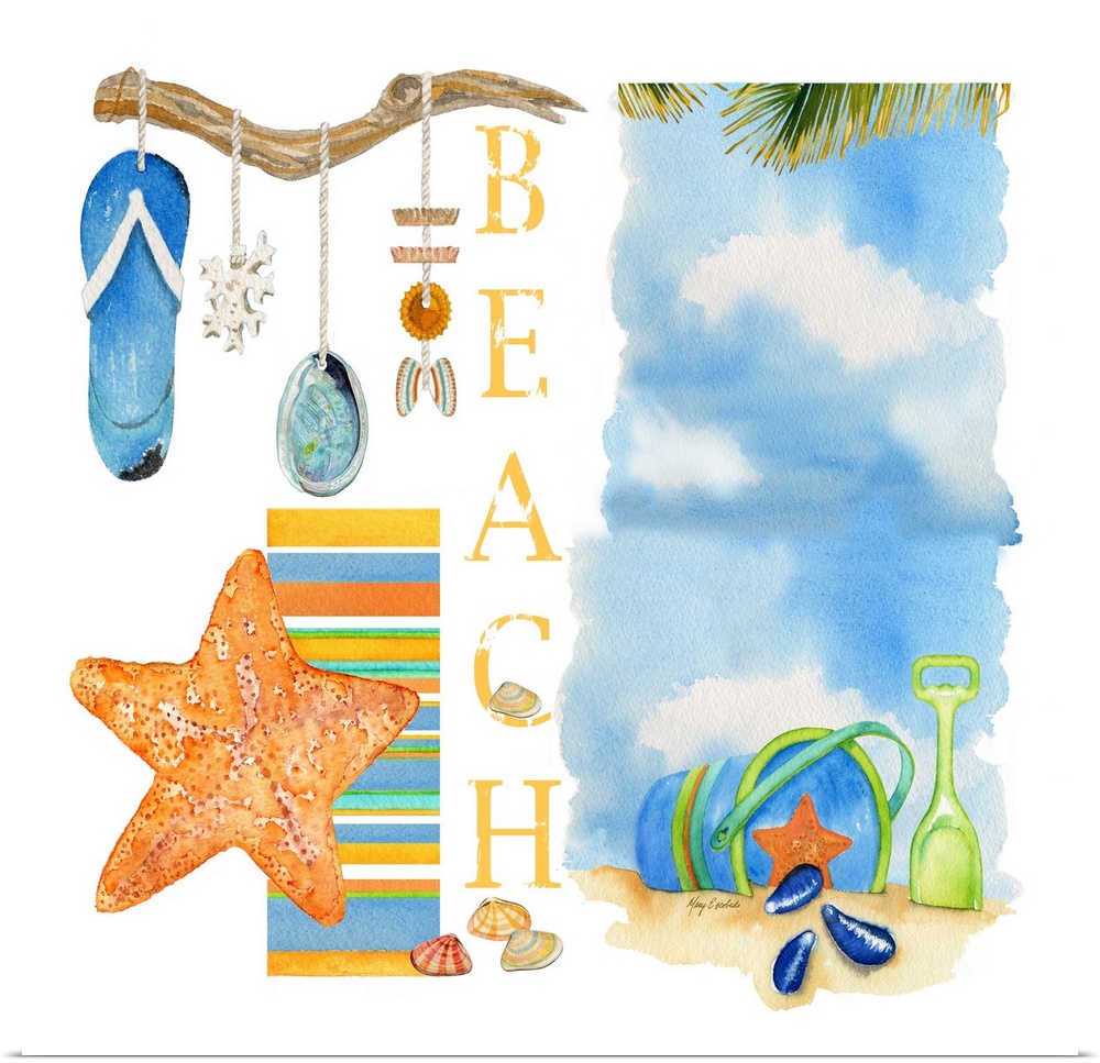 Watercolor painting with a collage of tropical beach necessities.