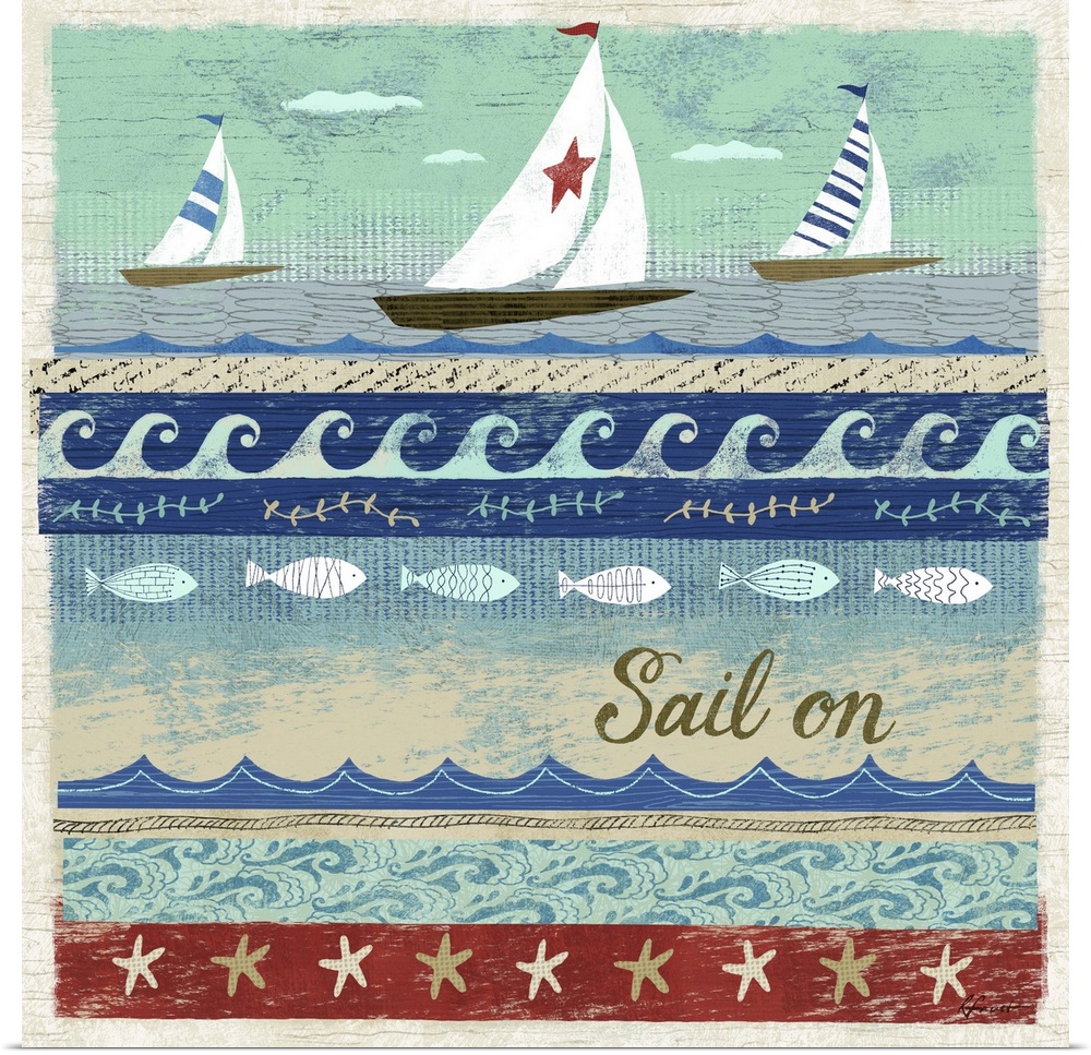 Contemporary artwork with a retro nautical feel of sailboats and different ocean wave patterns.