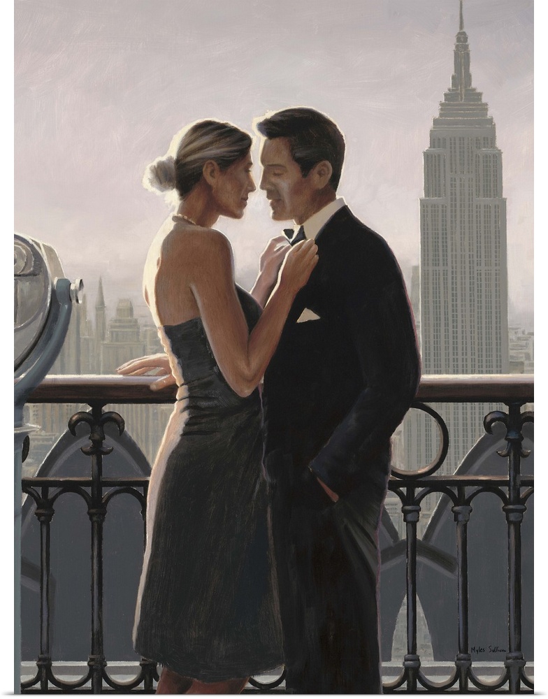 Contemporary painting of a man and woman in fancy dress on a balcony with the Empire State Building in the distance.