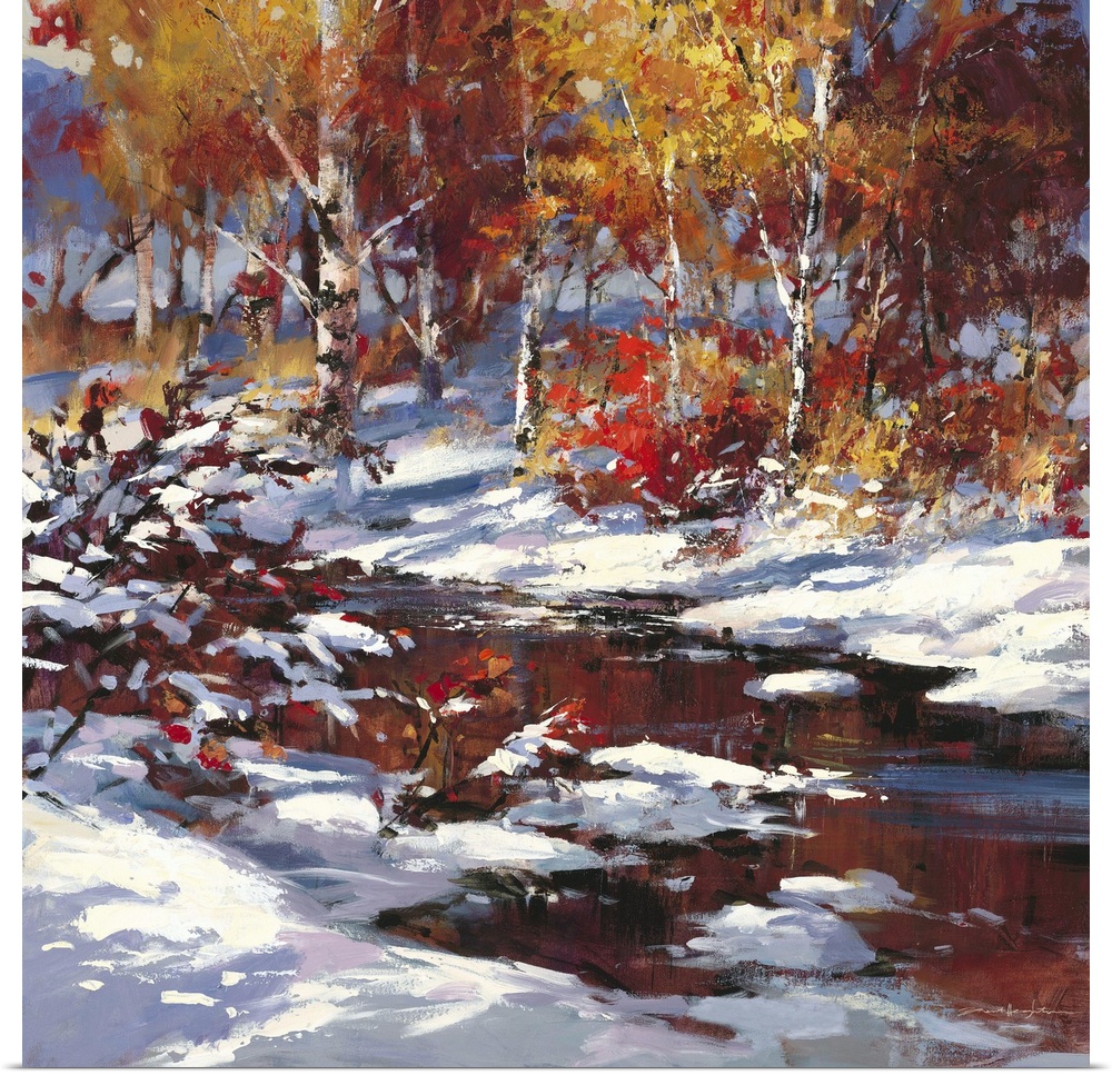 Contemporary painting of a stream running through a forest in winter.