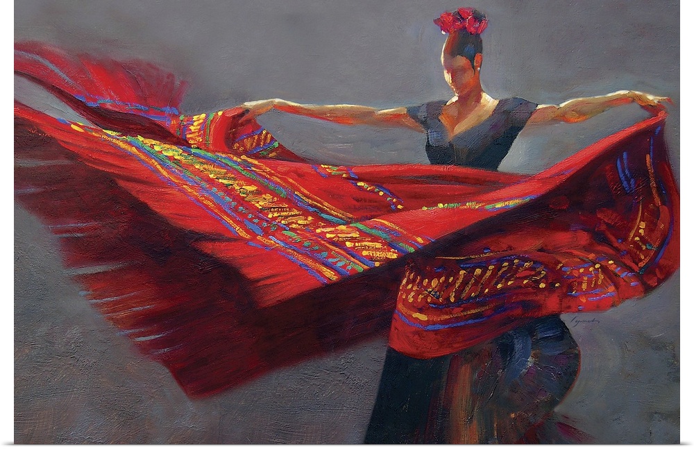 Contemporary painting of a woman holding a vibrant red blanket dancing.