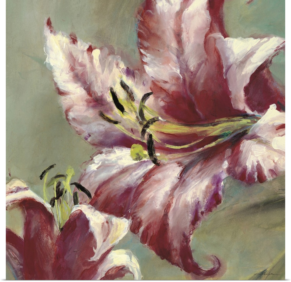 Contemporary painting of a pink lily flower.