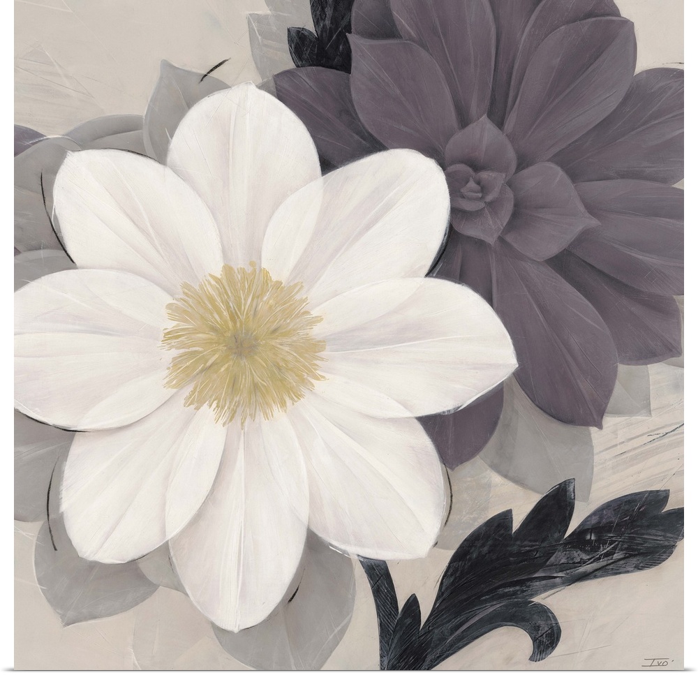 A simplistic, contemporary image of a white and purple flower against a light grey background. This lovely piece would be ...