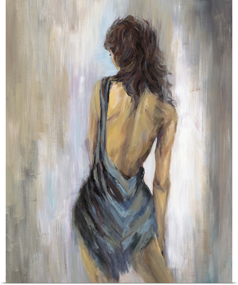 Home decor artwork of a rear view of a woman wearing a blue backless dress.