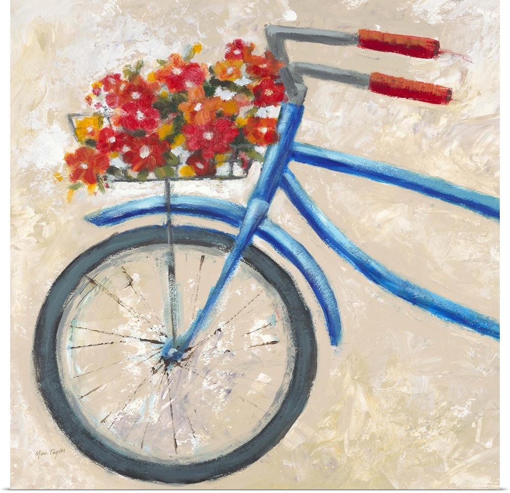 Contemporary painting of the front half of a blue bicycle with vibrant flowers in the front basket.