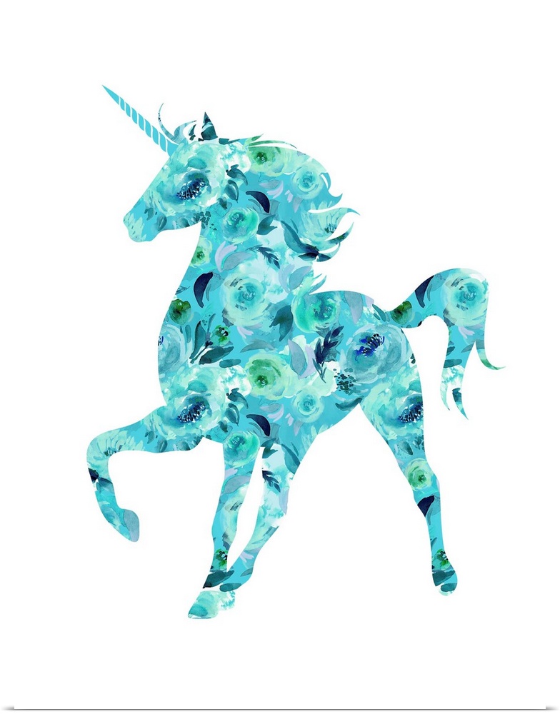 Illustration of a blue and green floral unicorn on a white background.