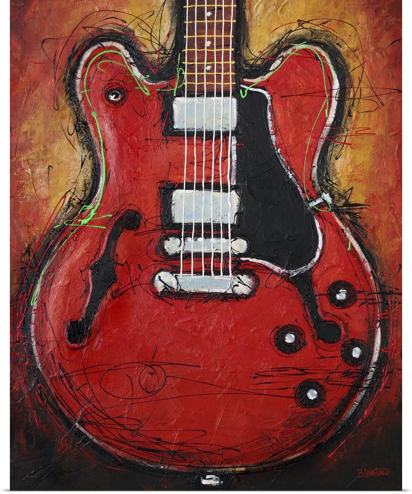 Contemporary painting of a guitar against an orange background.