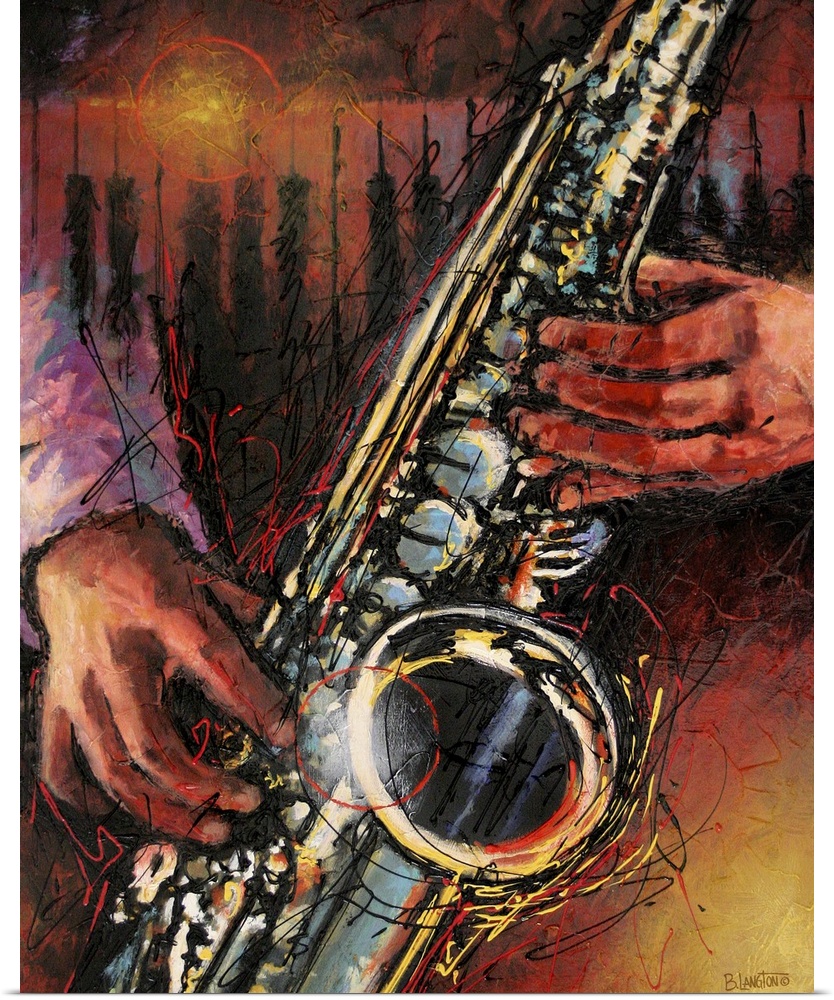 Contemporary painting of a saxophone player with piano keys in the background.