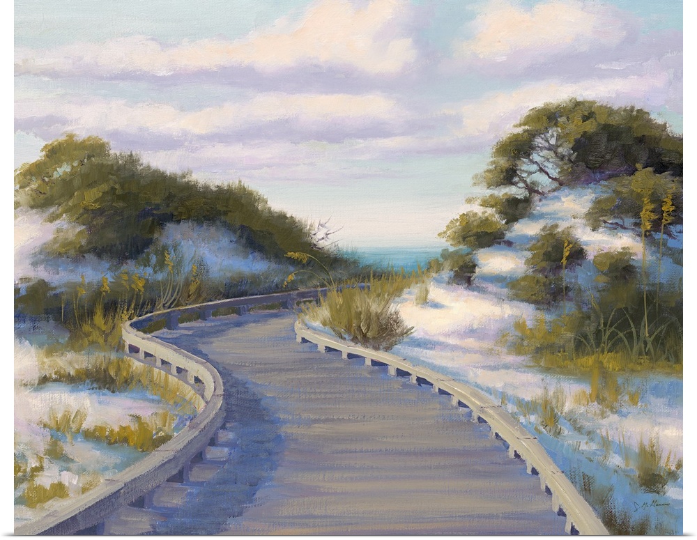 Contemporary painting of a wooden jetty leading through grassy dunes on the beach.