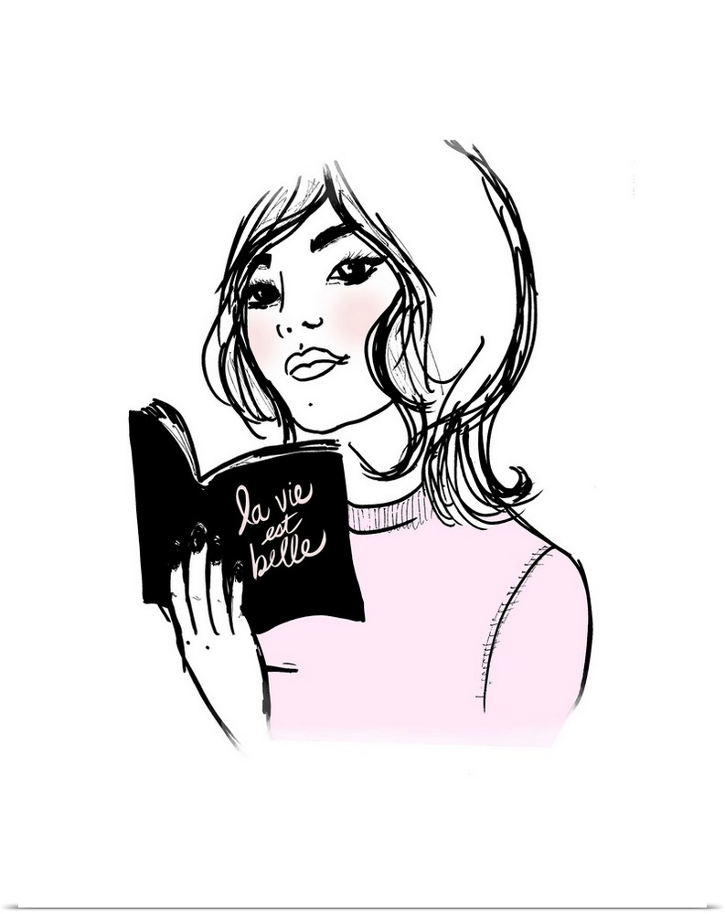 Illustration of a woman reading a book titled "la vie est belle" in black, white, and pink hues.