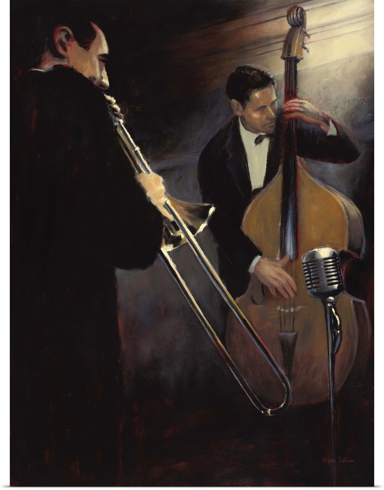 Contemporary painting of two musicians, one playing a trombone and one playing the bass.
