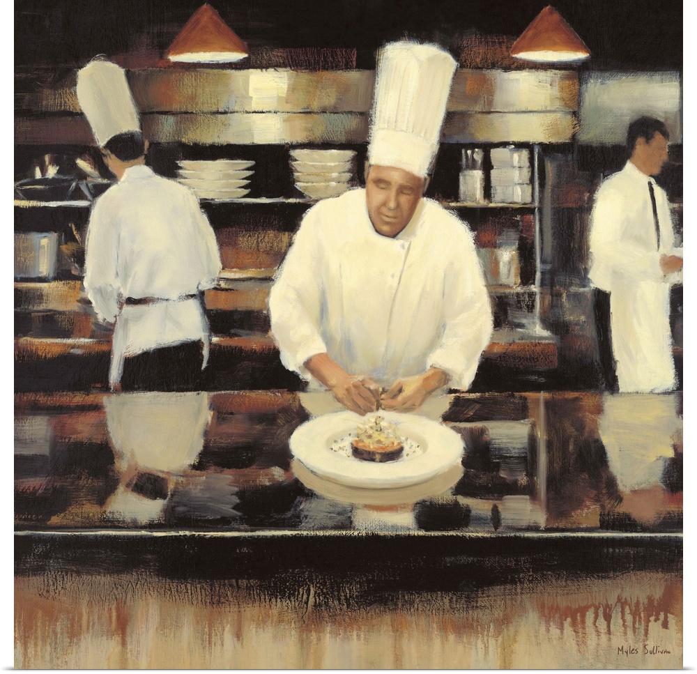 Contemporary painting of chefs preparing a gourmet meal and a waiter.