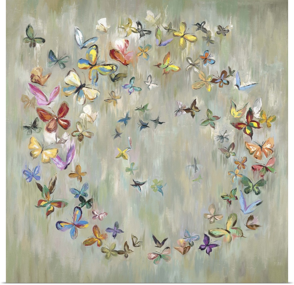 Colorful butterflies forming a circle against an abstract pale green background.