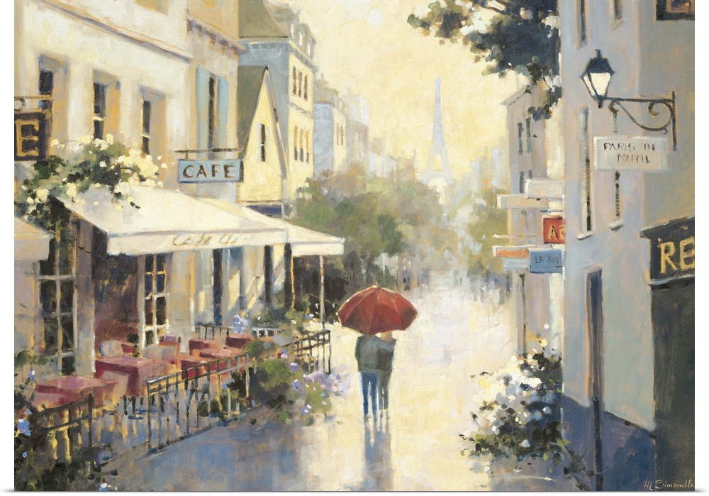 Contemporary painting of an embracing couple walking under a red umbrella through Parisian streets.