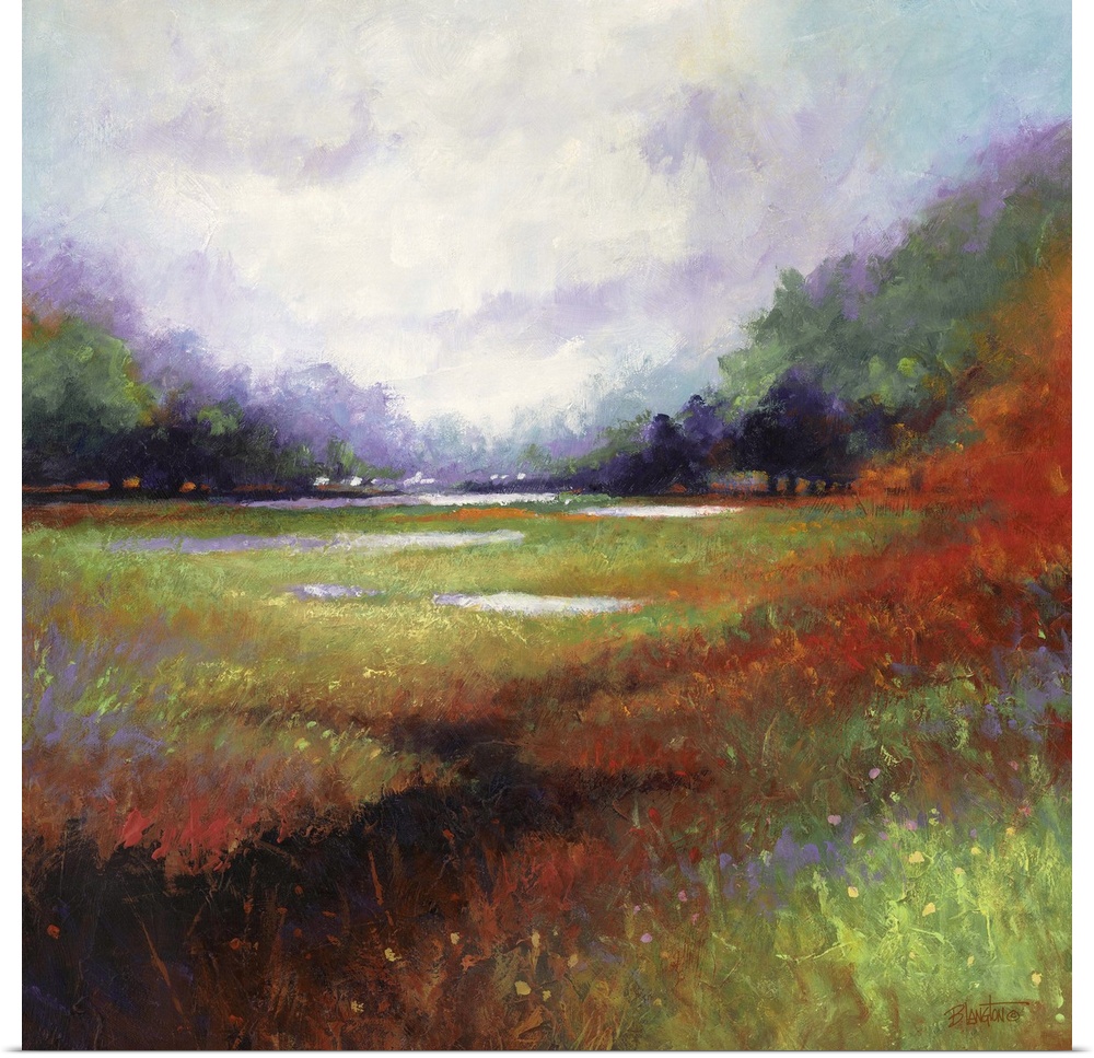 Contemporary painting of a colorful and idyllic countryside landscape.